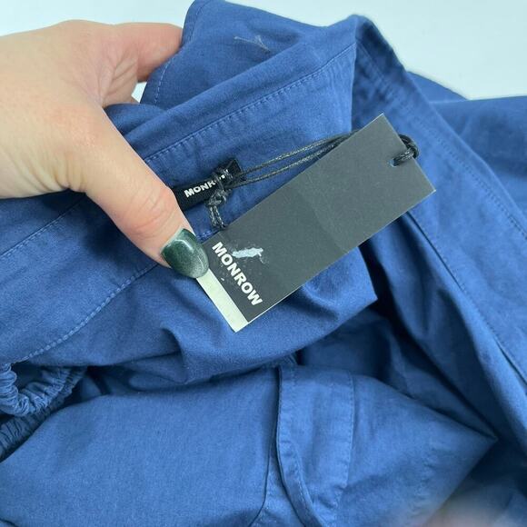 MONROW Stretch Poplin Mini Shirt Dress French Navy Off Shoulder Medium NEW - Picture 9 of 11